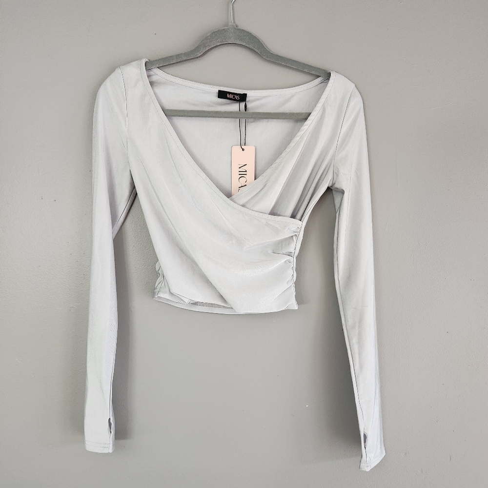 Micas Women’s Medium silver Long-Sleeve wrap crop top NWT stretchy